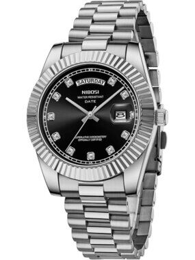 Nibosi Mens Silver Black Analog Quartz Stainless Dimond Waterproof Desiger Watch
